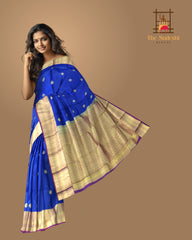 Royal Blue Kanchipuram Silk Saree with Purple Border and Tear-Shaped Buttas