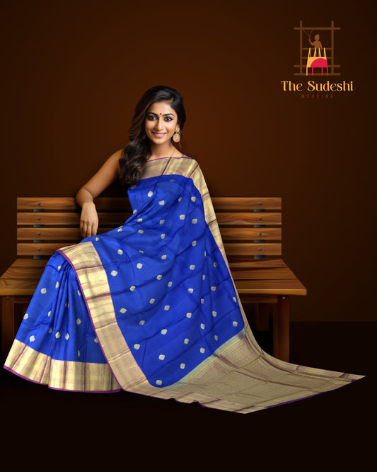 Royal Blue Kanchipuram Silk Saree with Purple Border and Tear-Shaped Buttas