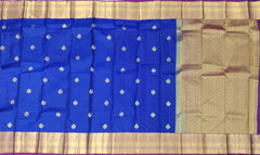Royal Blue Kanchipuram Silk Saree with Purple Border and Tear-Shaped Buttas