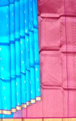 Sky Blue & Pink Tear Butta Kanchipuram Silk Saree