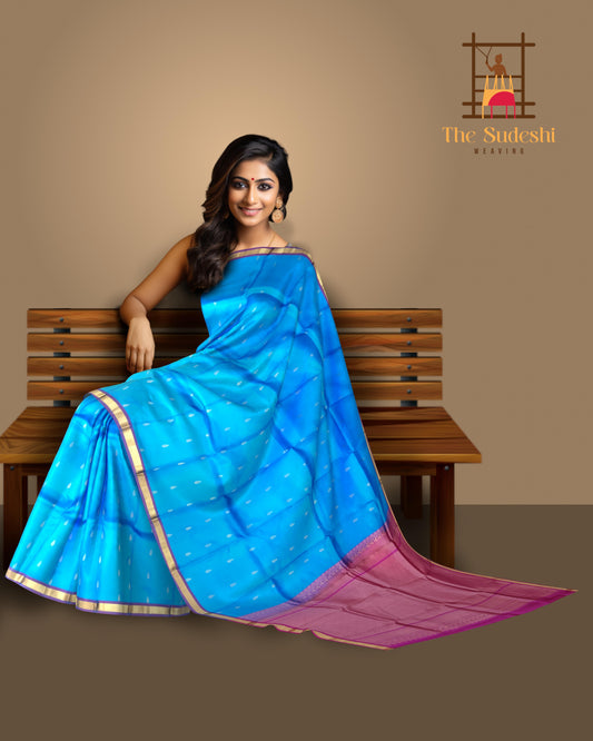 Sky Blue & Pink Tear Butta Kanchipuram Silk Saree