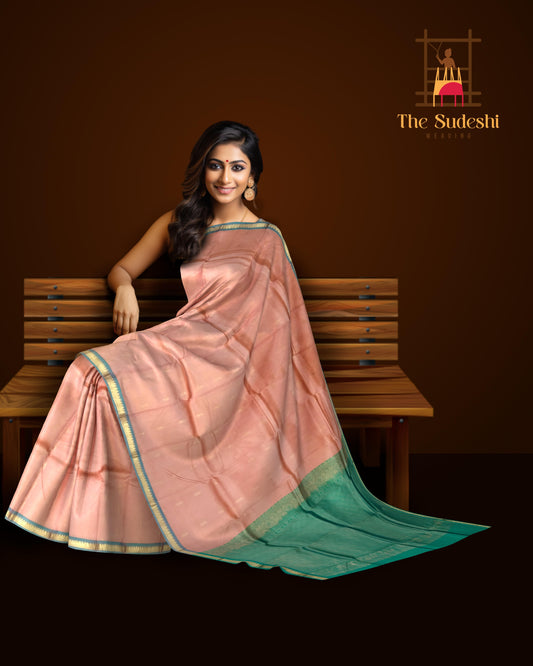 Peach & Sea Green Small Butta Kanchipuram Silk Saree