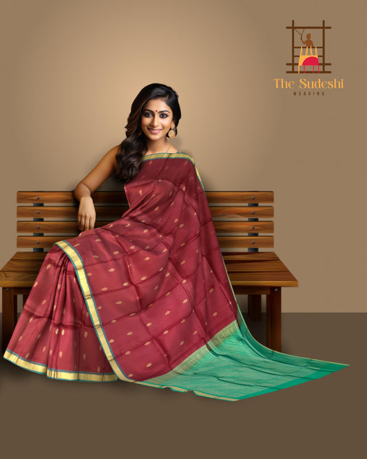Maroon & Sea Green Butta Kanchipuram Silk Saree