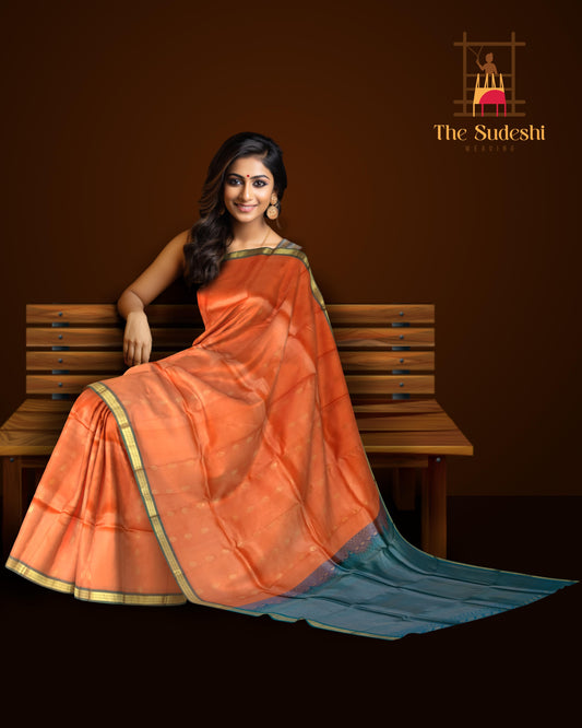 Peach & Light Blue Small Butta Kanchipuram Silk Saree