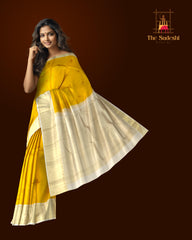 Golden Yellow & Half White Butta Kanchipuram Silk Saree