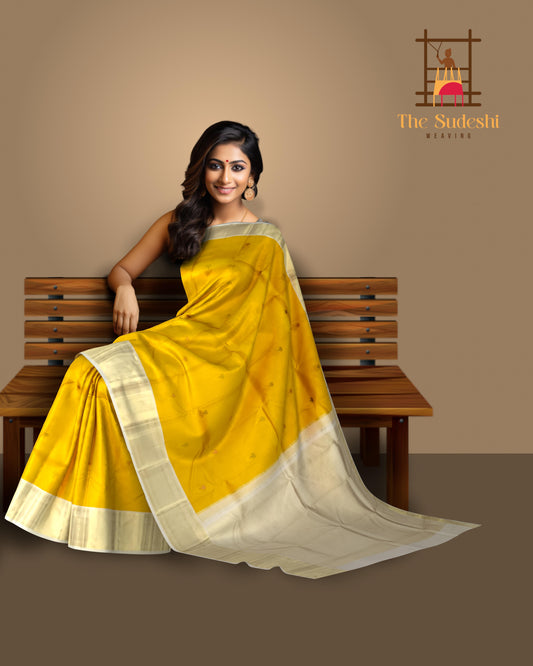 Golden Yellow & Half White Butta Kanchipuram Silk Saree