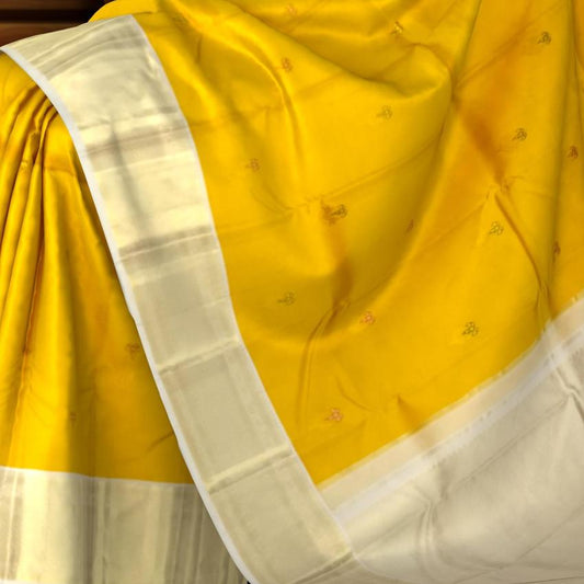 Golden Yellow & Half White Butta Kanchipuram Silk Saree