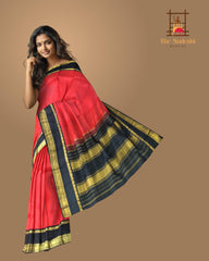 Orange & Black Plain Kanchipuram Silk Saree