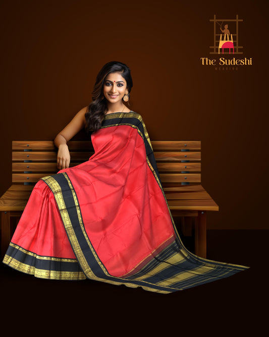 Orange & Black Plain Kanchipuram Silk Saree