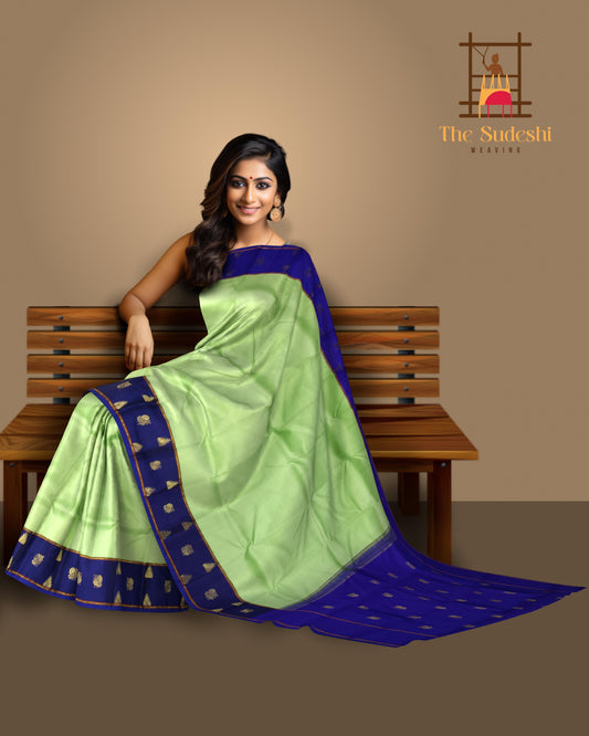 Pista Green & Royal Blue Plain Kanchipuram Silk Saree