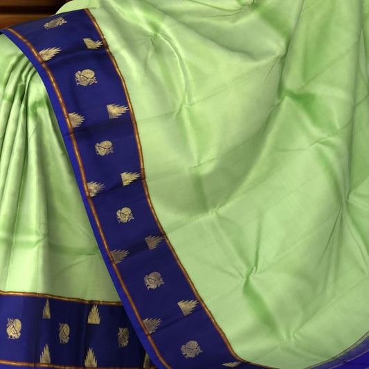 Pista Green & Royal Blue Plain Kanchipuram Silk Saree