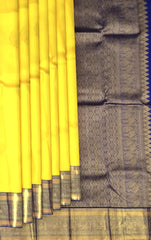 Light Yellow & Royal Blue Big Butta Kanchipuram Silk Saree