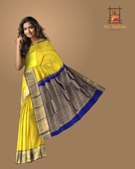 Light Yellow & Royal Blue Big Butta Kanchipuram Silk Saree