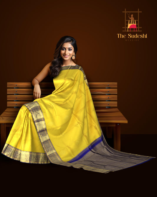 Light Yellow & Royal Blue Big Butta Kanchipuram Silk Saree