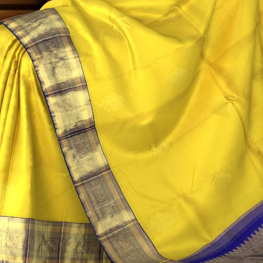 Light Yellow & Royal Blue Big Butta Kanchipuram Silk Saree