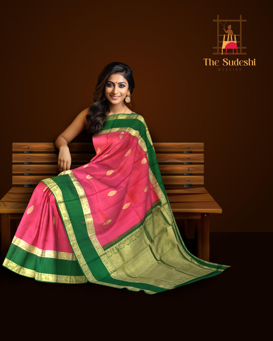 Peach & Pink Butta Kanchipuram Silk Saree