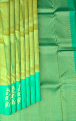 Yellowish Green & Sea Green Vertical Zari Kanchipuram Silk Saree