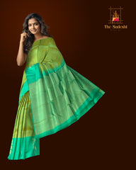Yellowish Green & Sea Green Vertical Zari Kanchipuram Silk Saree