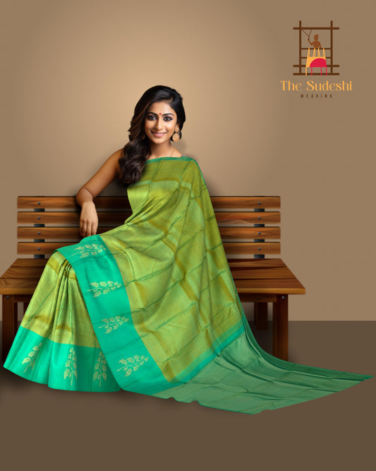 Yellowish Green & Sea Green Vertical Zari Kanchipuram Silk Saree
