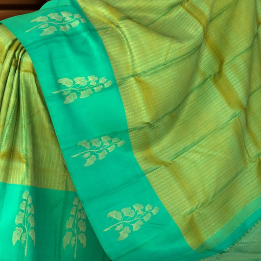 Yellowish Green & Sea Green Vertical Zari Kanchipuram Silk Saree