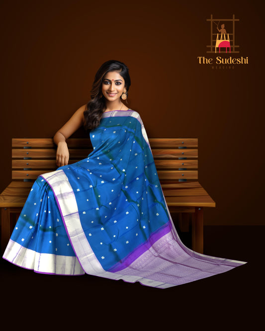 Blue & Purple Silver Zari Butta Kanchipuram Silk Saree