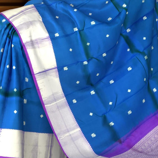 Blue & Purple Silver Zari Butta Kanchipuram Silk Saree