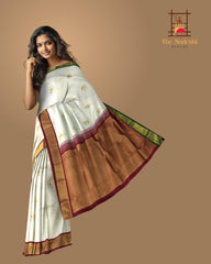 White & Ganga Jamuna Red-Green Butta Kanchipuram Silk Saree