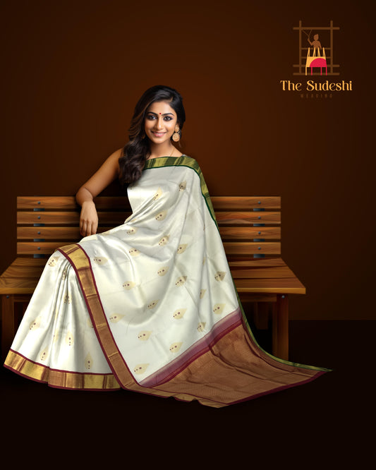 White & Ganga Jamuna Red-Green Butta Kanchipuram Silk Saree