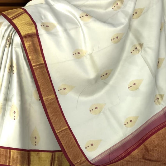 White & Ganga Jamuna Red-Green Butta Kanchipuram Silk Saree