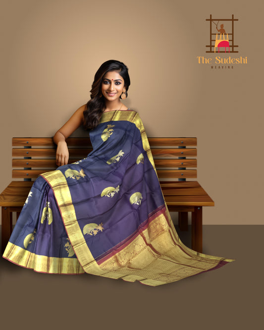 Deep Plum & Maroon Floral Motif Kanchipuram Silk Saree