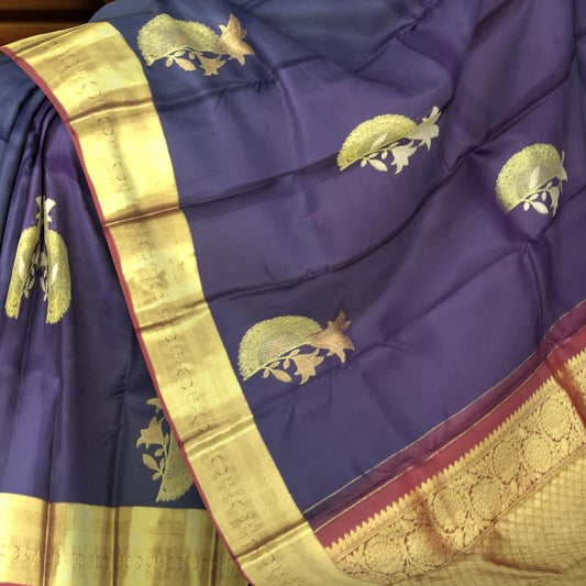 Deep Plum & Maroon Floral Motif Kanchipuram Silk Saree