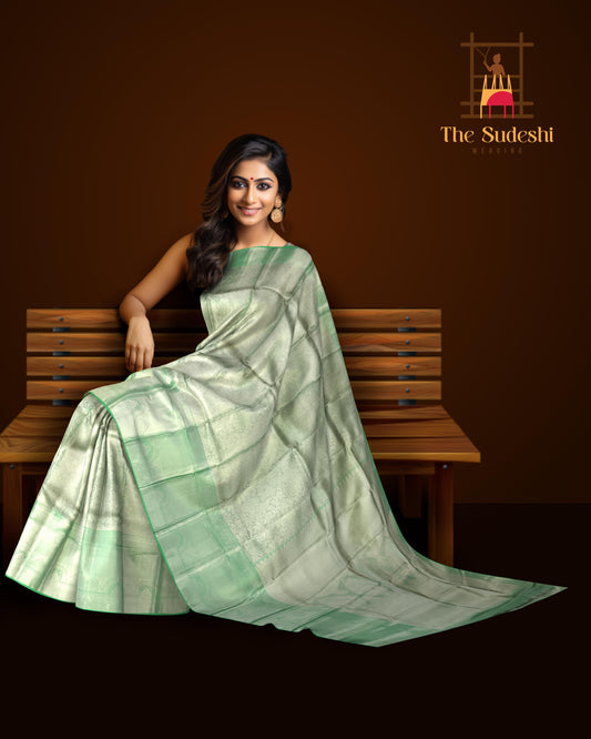 Light Green Self Jacquard Silver Zari Kanchipuram Silk Saree
