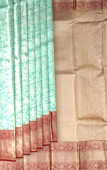 Sky Blue & Maroon Silver Zari Jacquard Kanchipuram Silk Saree