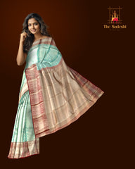 Sky Blue & Maroon Silver Zari Jacquard Kanchipuram Silk Saree