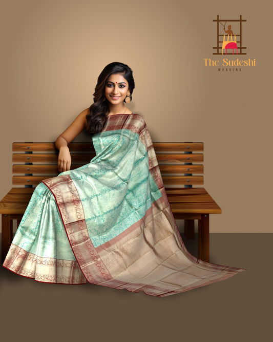 Sky Blue & Maroon Silver Zari Jacquard Kanchipuram Silk Saree