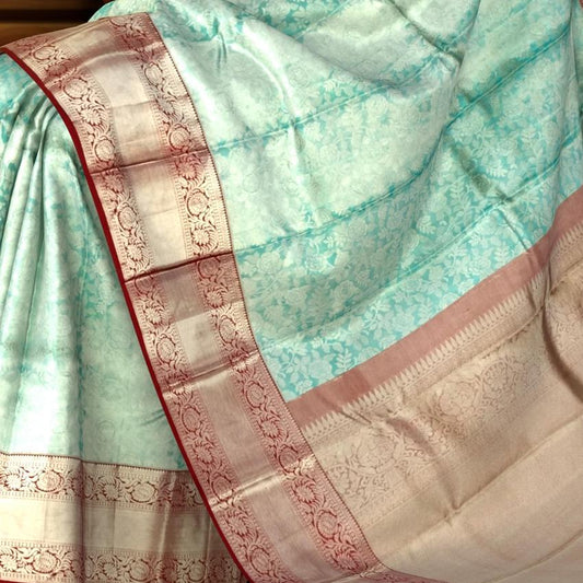 Sky Blue & Maroon Silver Zari Jacquard Kanchipuram Silk Saree