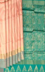 Light Peach & Sea Green Butta Kanchipuram Silk Saree