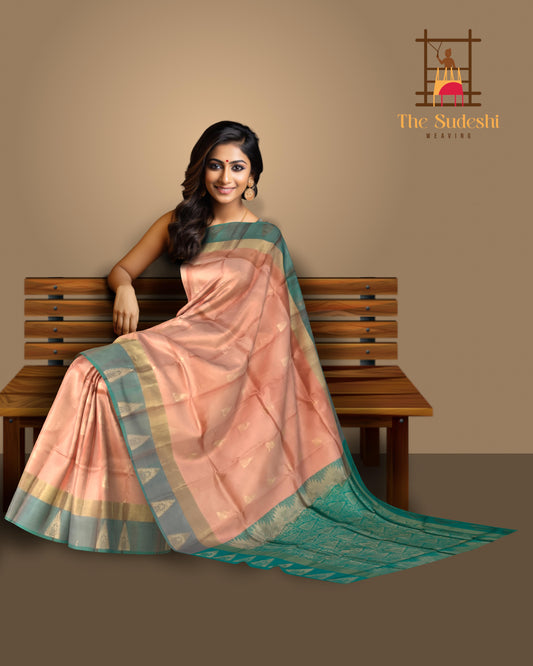 Light Peach & Sea Green Butta Kanchipuram Silk Saree