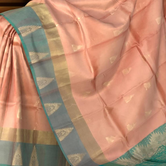 Light Peach & Sea Green Butta Kanchipuram Silk Saree