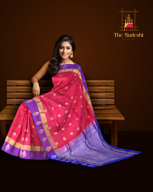 Red with Purple & Blue Butta Kanchipuram Silk Saree