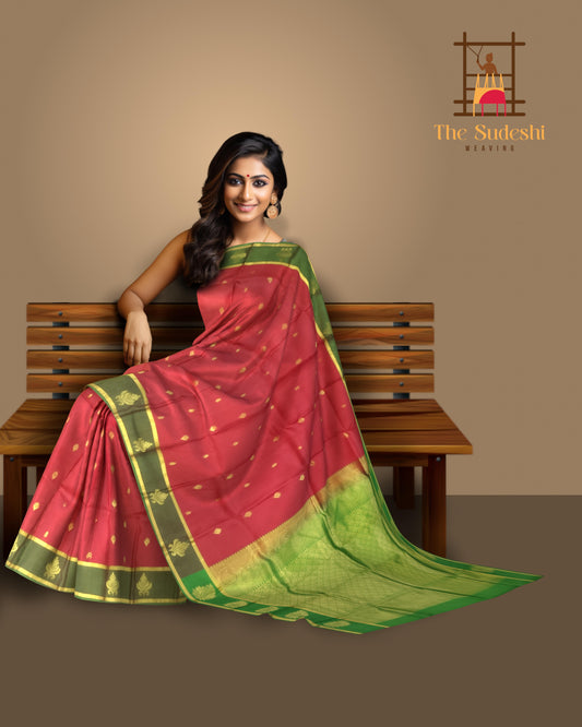 Red & Green Butta Kanchipuram Silk Saree