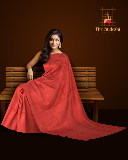 Tomato Red Self Butta Kanchipuram Silk Saree