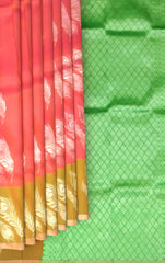 Coral Orange & Green Large Silver Butta Kanchipuram Silk Saree