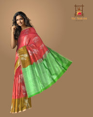 Coral Orange & Green Large Silver Butta Kanchipuram Silk Saree