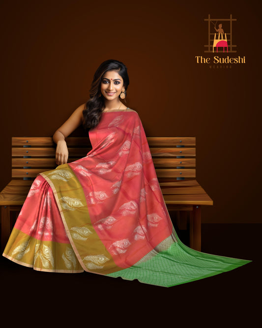 Coral Orange & Green Large Silver Butta Kanchipuram Silk Saree