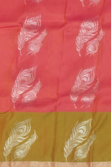 Coral Orange & Green Large Silver Butta Kanchipuram Silk Saree