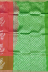 Coral Orange & Green Large Silver Butta Kanchipuram Silk Saree