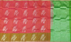 Coral Orange & Green Large Silver Butta Kanchipuram Silk Saree