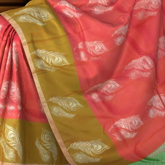 Coral Orange & Green Large Silver Butta Kanchipuram Silk Saree
