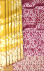 Mustard Yellow Borderless Red Pallu Large Silver Butta Kanchipuram Silk Saree